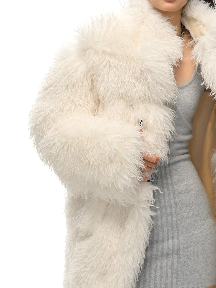 NAWSNOTAWEAR Vertical Fur Patchwork Stand Collar Commuter Women Vanilla Coffee Long Coats