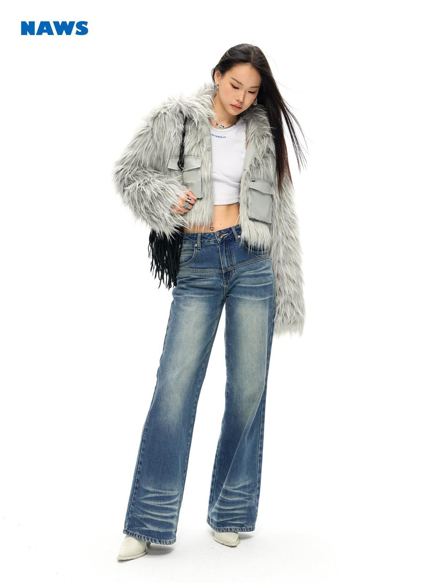NAWSNOTAWEAR Vertical Fur Trim Cropped Long Sleeve Women Moonstone Gray Leather Jackets
