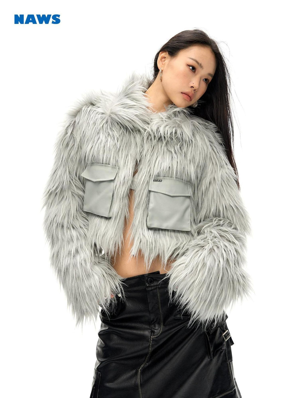 NAWSNOTAWEAR Vertical Fur Trim Cropped Long Sleeve Women Moonstone Gray Leather Jackets