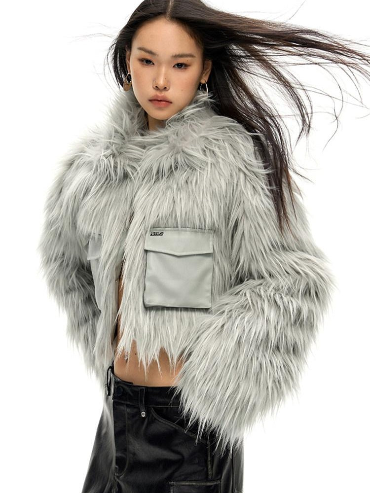 NAWSNOTAWEAR Vertical Fur Trim Cropped Long Sleeve Women Moonstone Gray Leather Jackets