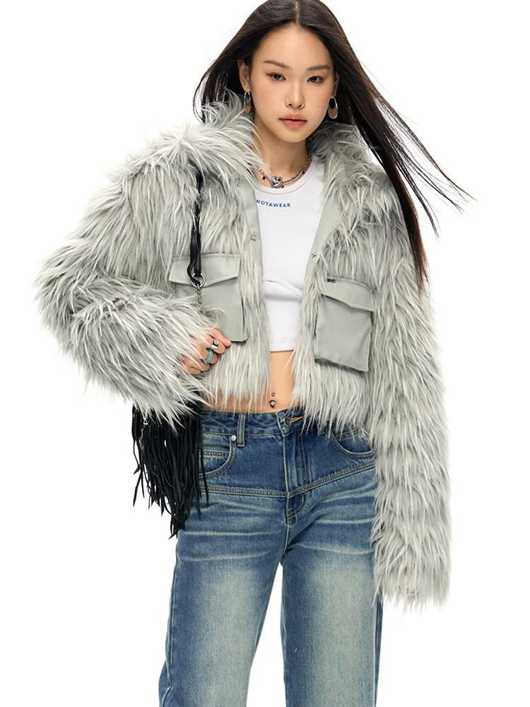 NAWSNOTAWEAR Vertical Fur Trim Cropped Long Sleeve Women Moonstone Gray Leather Jackets