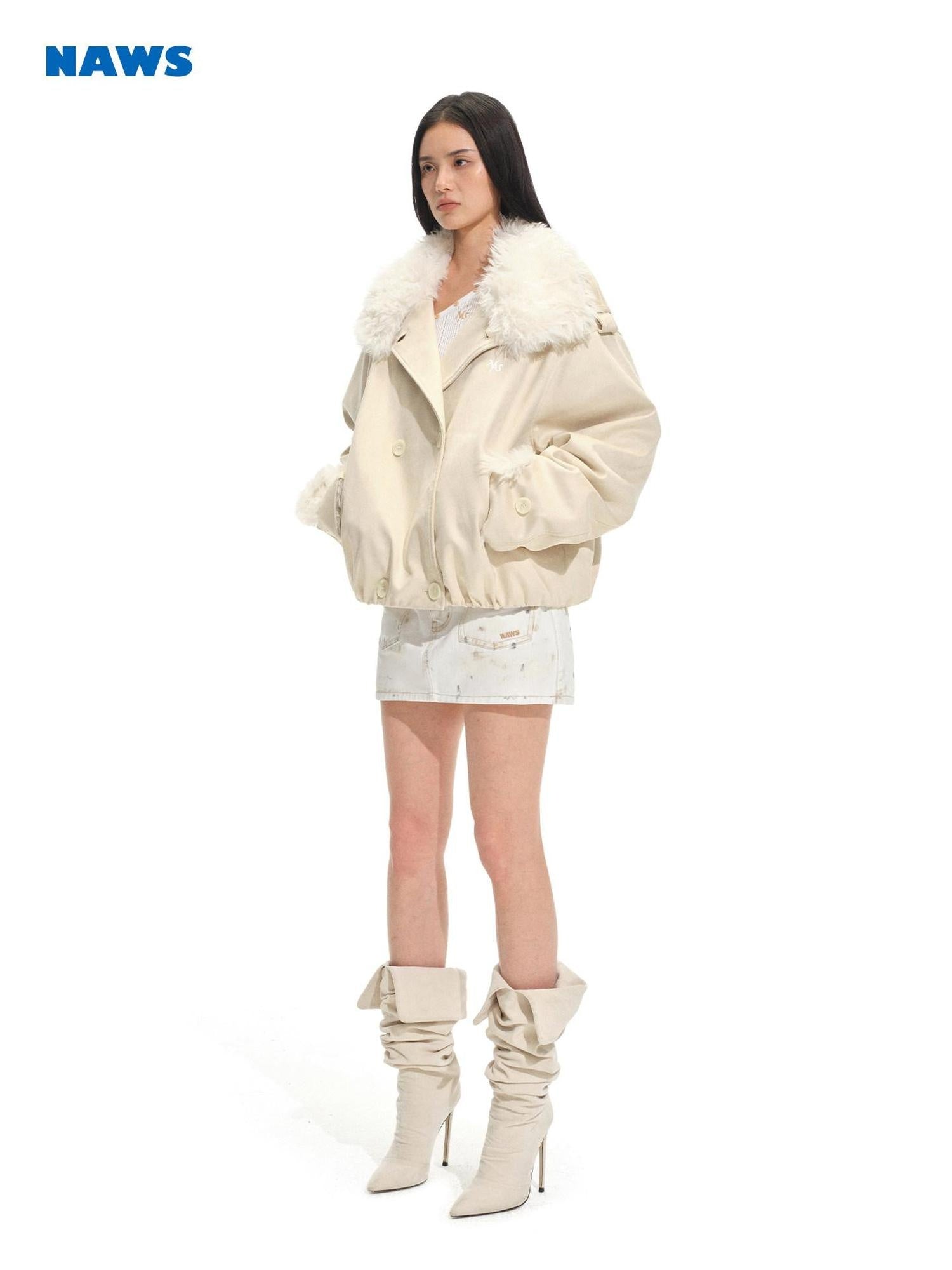 NAWSNOTAWEAR Vertical Fur Trim Vintage Oversized Double Breasted Women Camel Short Coat