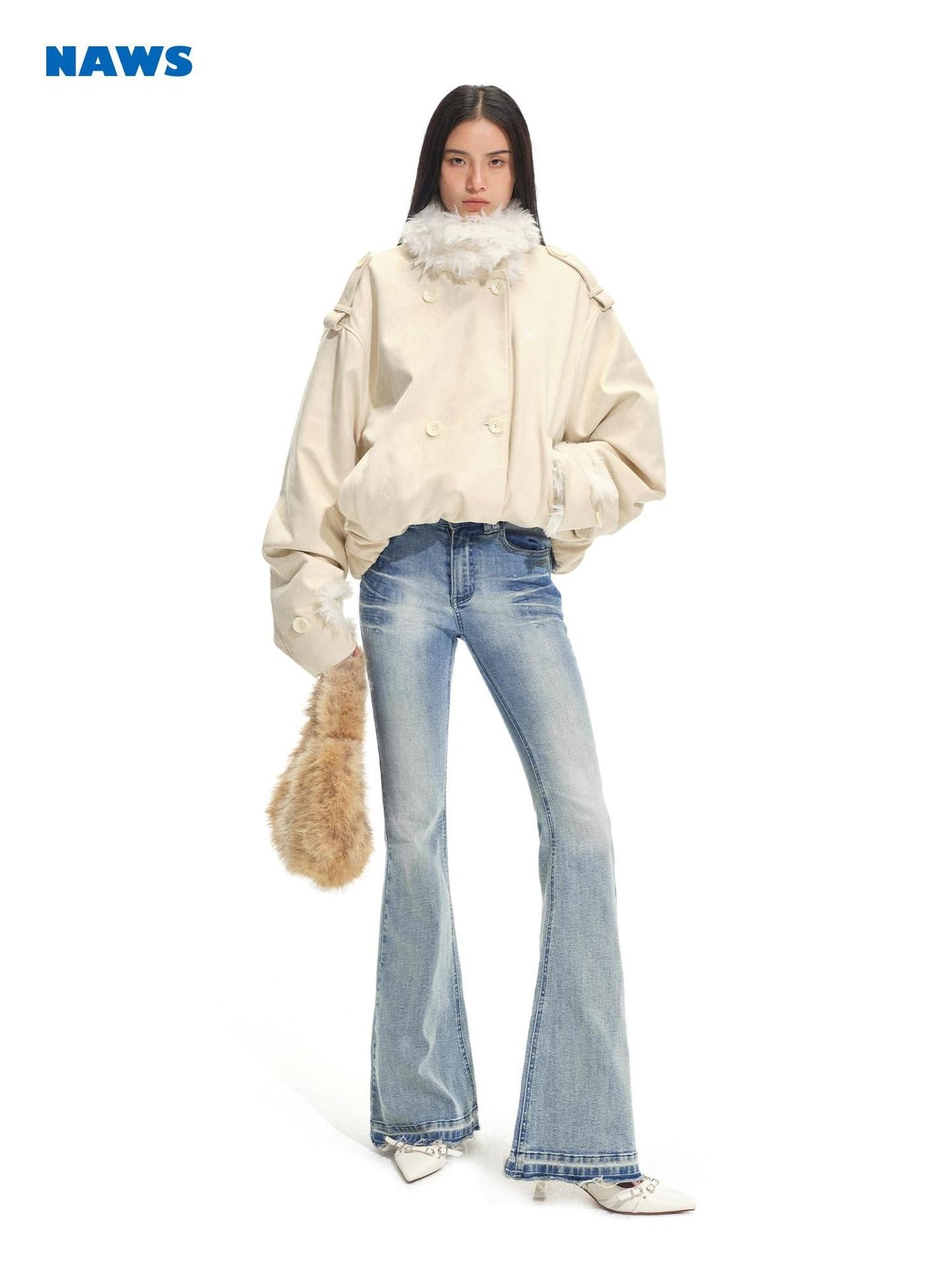 NAWSNOTAWEAR Vertical Fur Trim Vintage Oversized Double Breasted Women Camel Short Coat