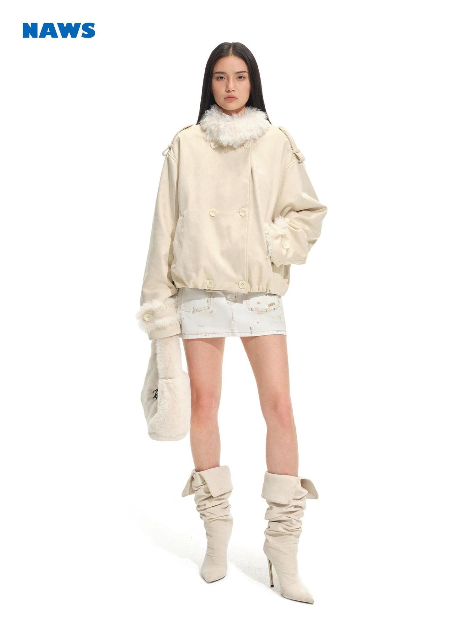 NAWSNOTAWEAR Vertical Fur Trim Vintage Oversized Double Breasted Women Camel Short Coat