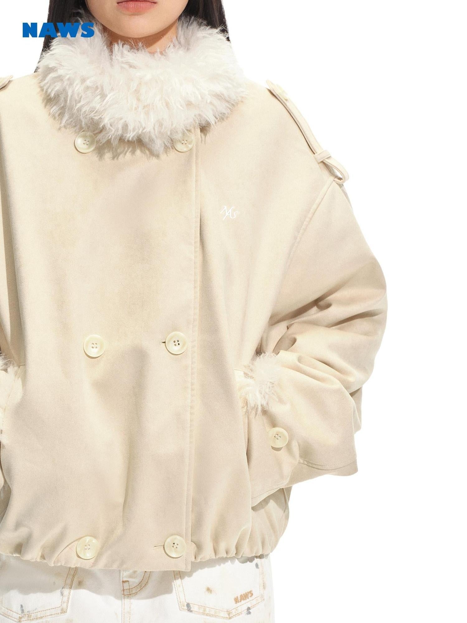 NAWSNOTAWEAR Vertical Fur Trim Vintage Oversized Double Breasted Women Camel Short Coat