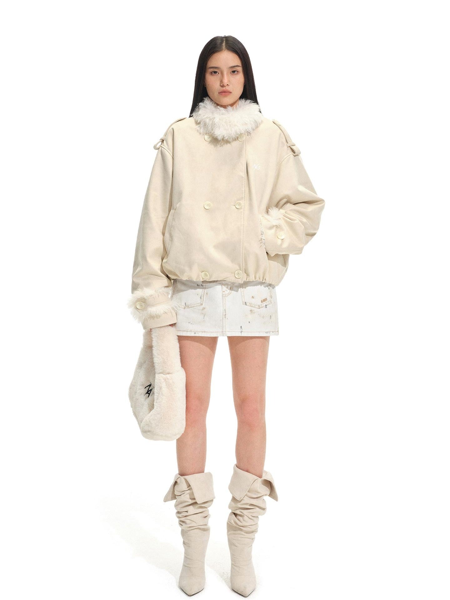 NAWSNOTAWEAR Vertical Fur Trim Vintage Oversized Double Breasted Women Camel Short Coat