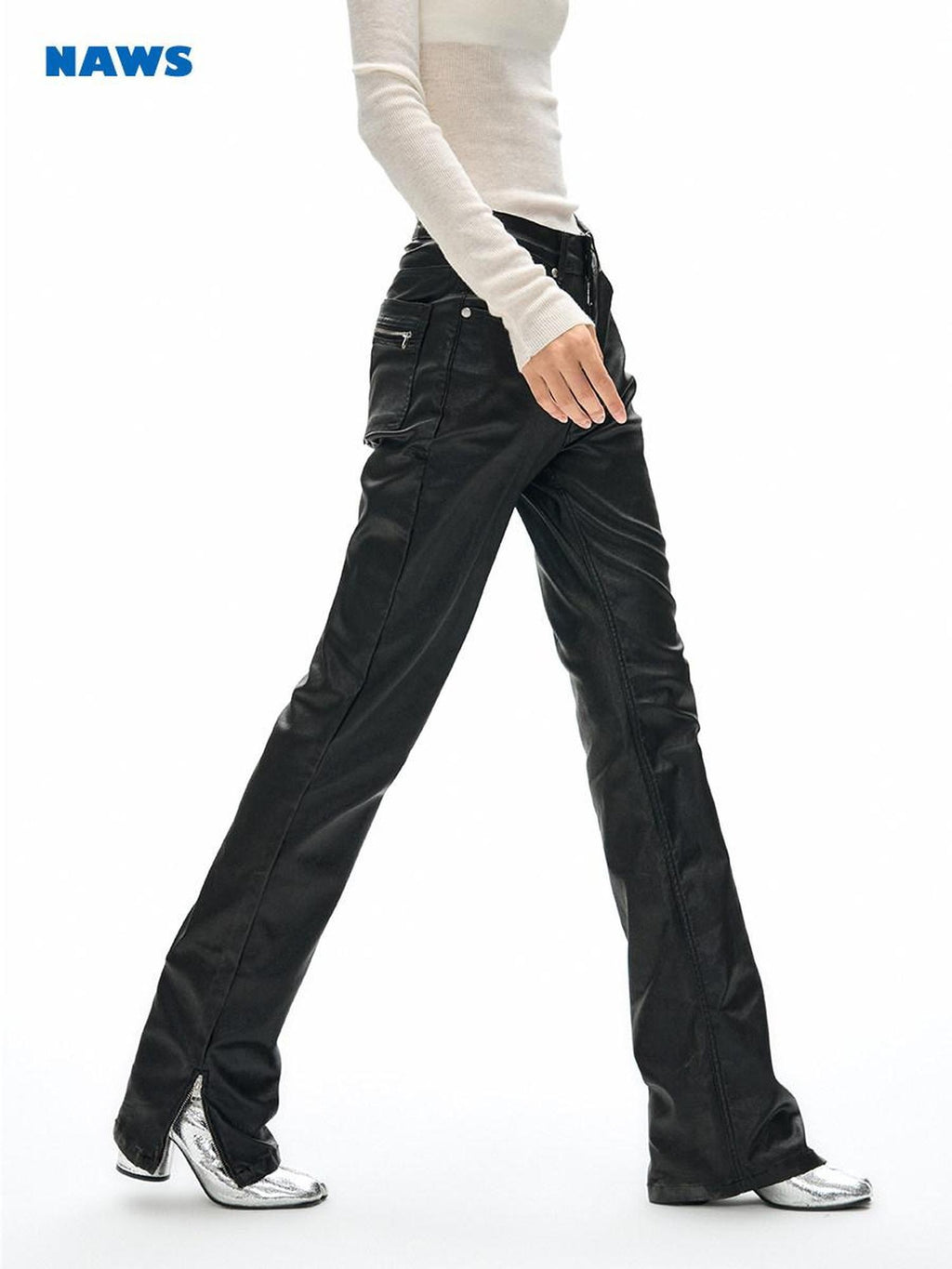 NAWSNOTAWEAR Vintage Bleached Wash Coated Mid Rise Women Wax Dyed Black Straight Leg Jeans