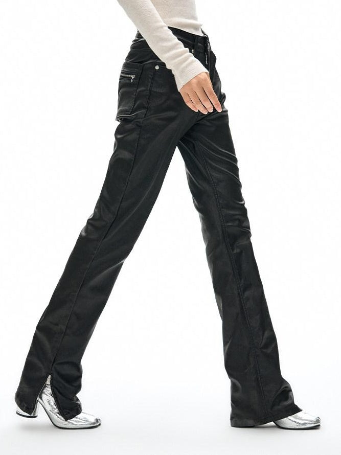 NAWSNOTAWEAR Vintage Bleached Wash Coated Mid Rise Women Wax Dyed Black Straight Leg Jeans