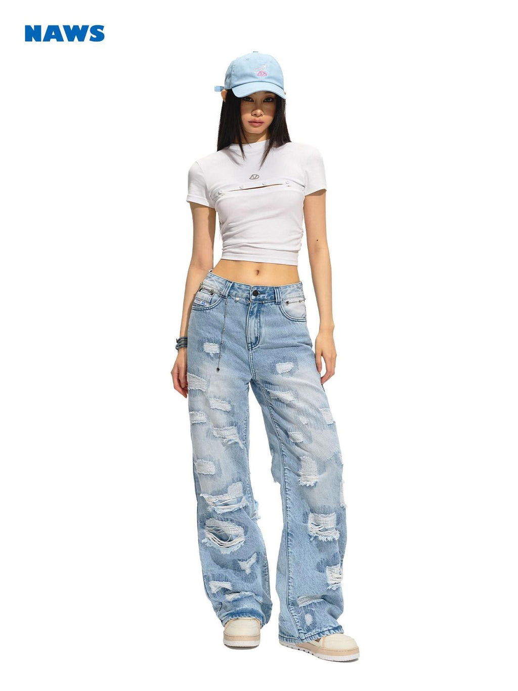NAWSNOTAWEAR Vintage Low Rise Distressed Light Blue Women Non Stretch Straight Leg Jeans