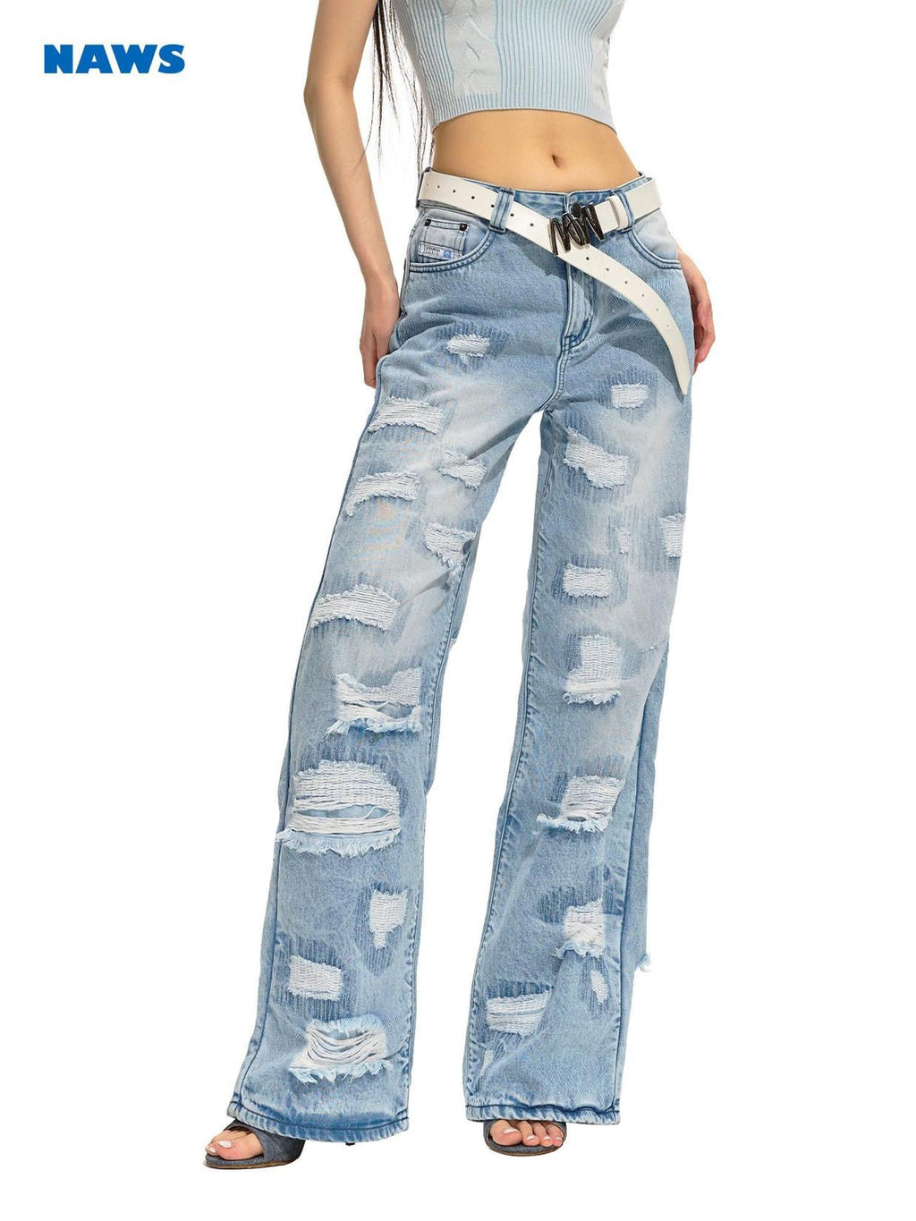 NAWSNOTAWEAR Vintage Low Rise Distressed Light Blue Women Non Stretch Straight Leg Jeans