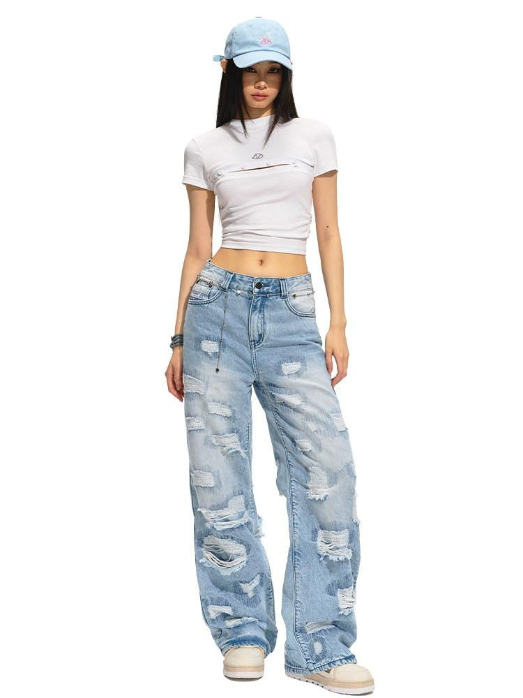 NAWSNOTAWEAR Vintage Low Rise Distressed Light Blue Women Non Stretch Straight Leg Jeans