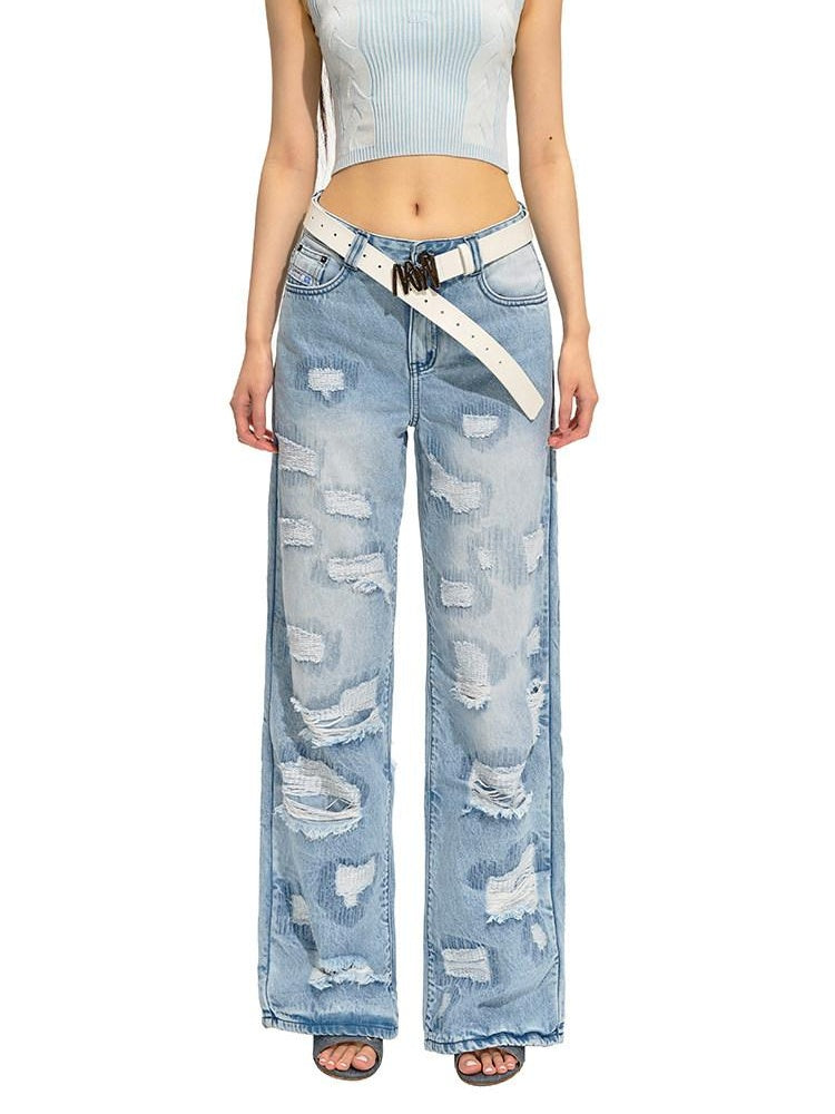 NAWSNOTAWEAR Vintage Low Rise Distressed Light Blue Women Non Stretch Straight Leg Jeans