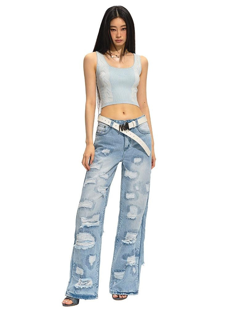 NAWSNOTAWEAR Vintage Low Rise Distressed Light Blue Women Non Stretch Straight Leg Jeans