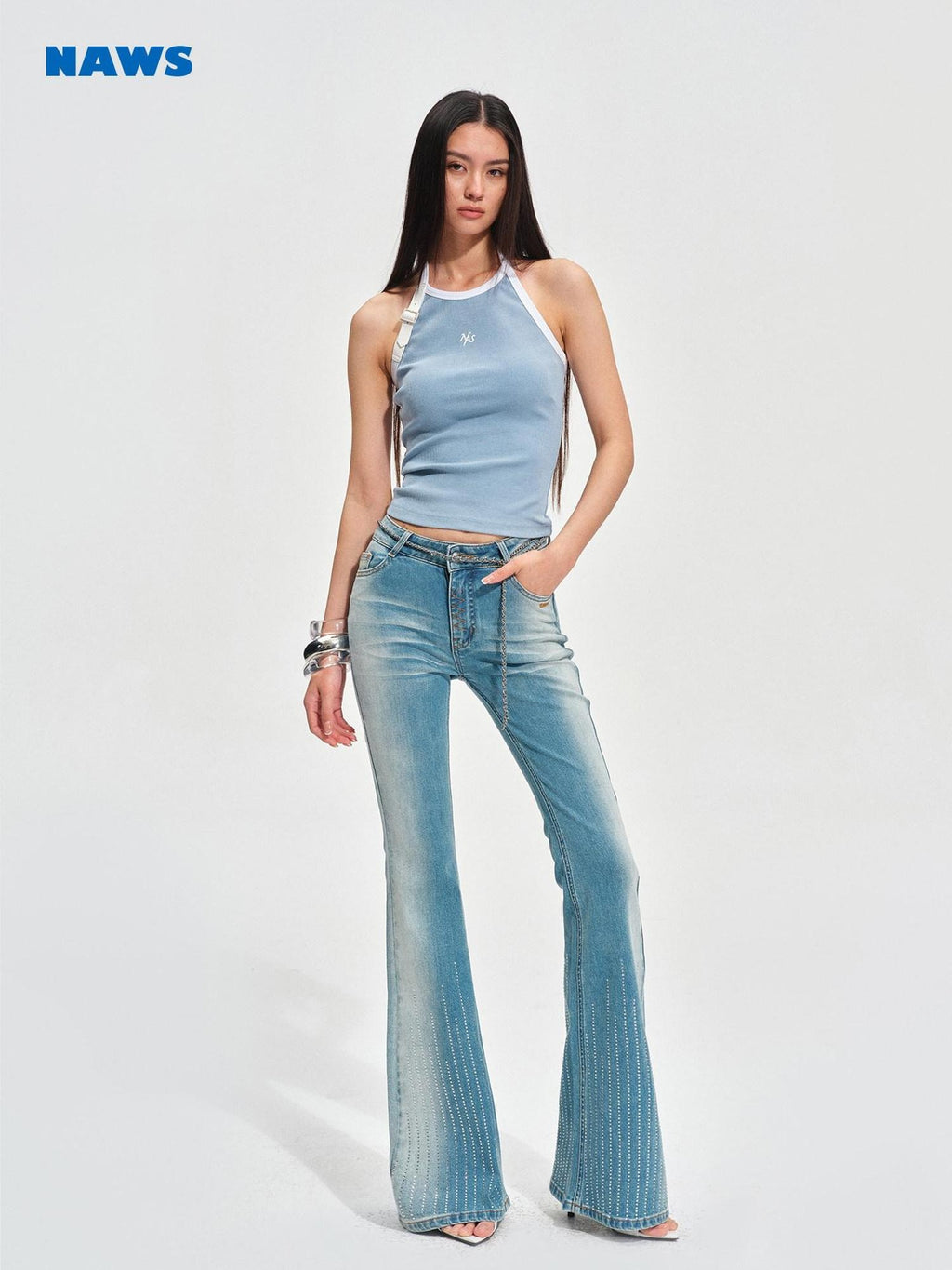 NAWSNOTAWEAR Vintage Natural Waist Cotton High Stretch Micro Flare Mist Blue Flared Jeans