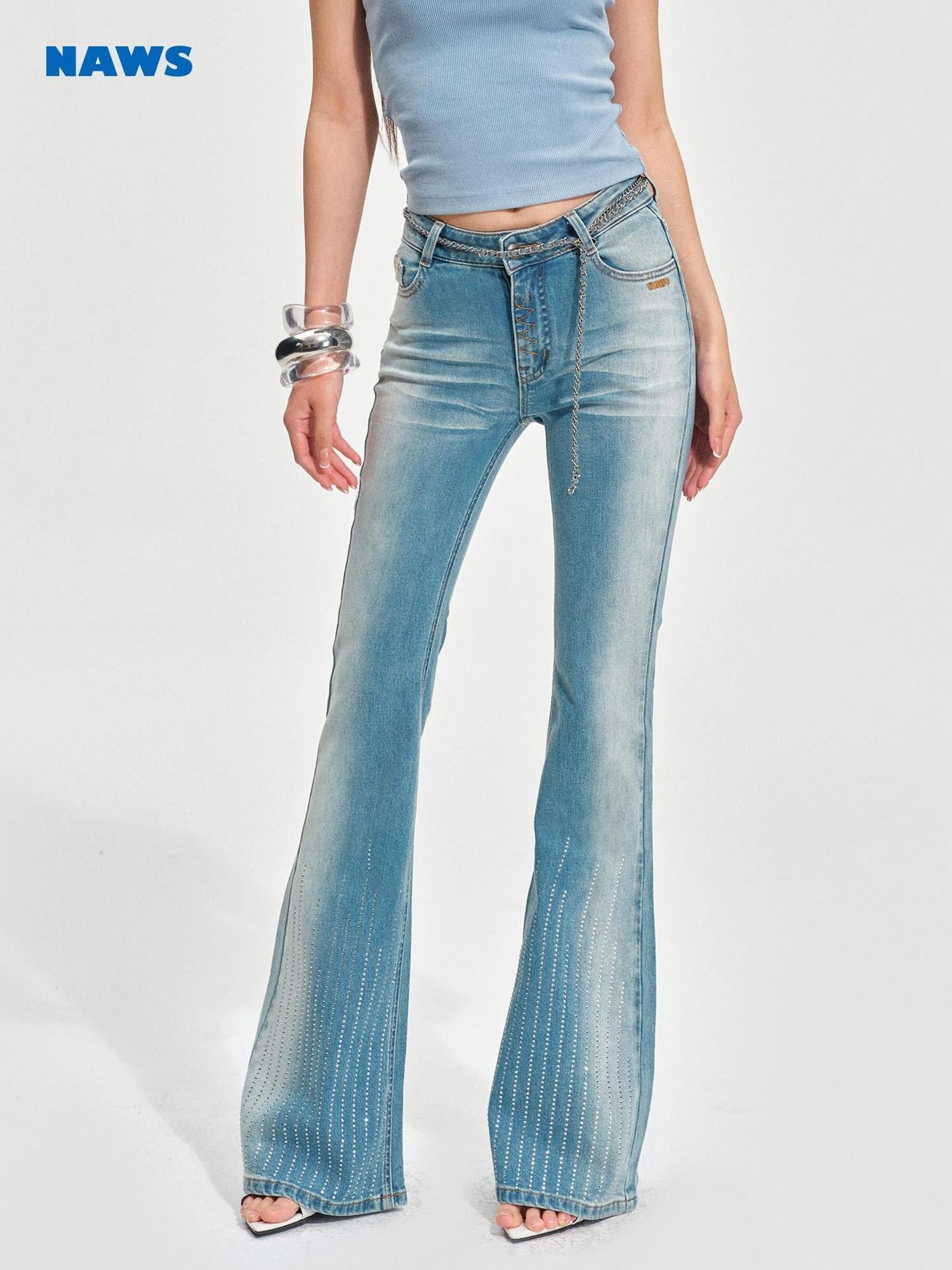 NAWSNOTAWEAR Vintage Natural Waist Cotton High Stretch Micro Flare Mist Blue Flared Jeans