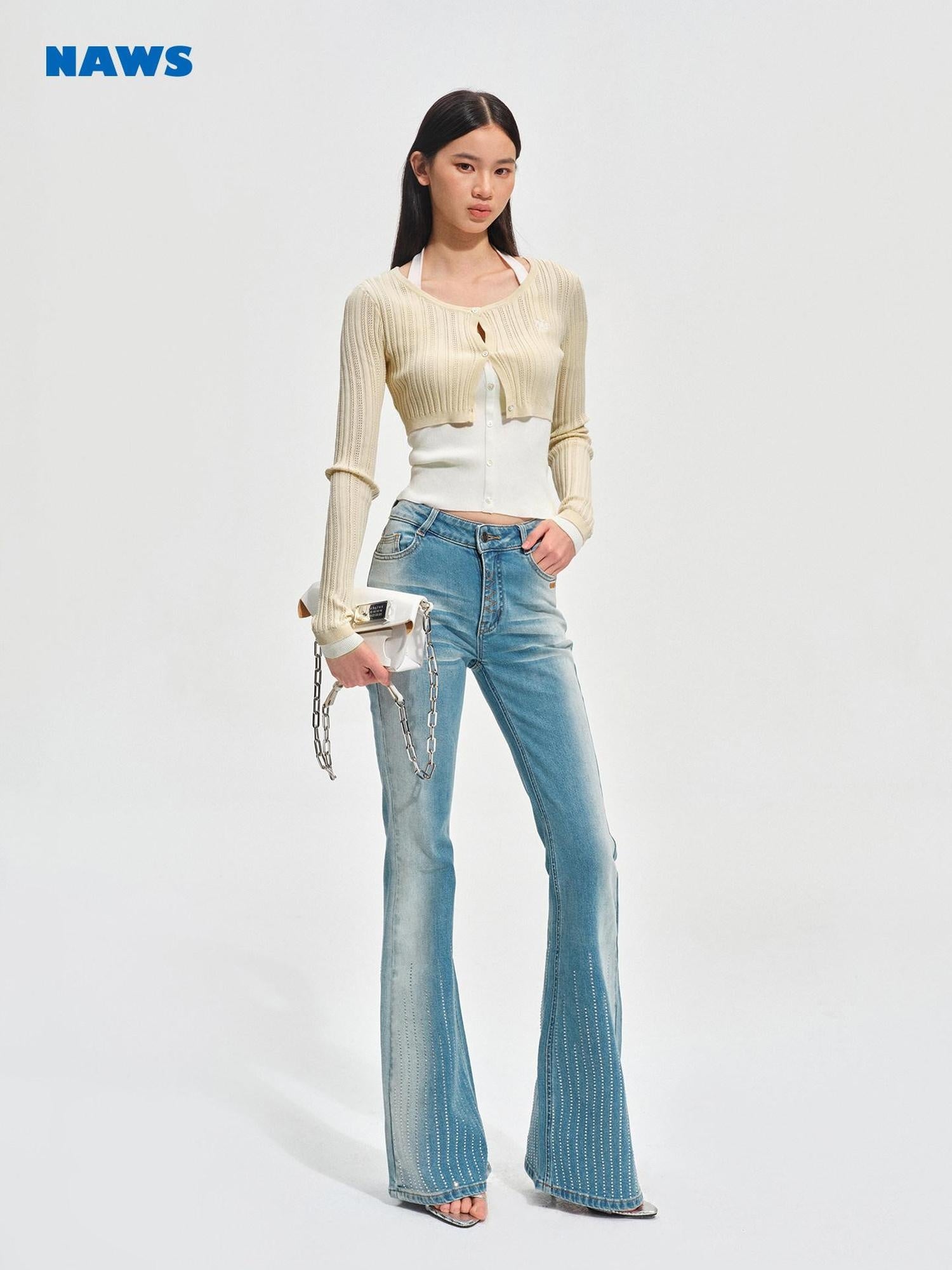 NAWSNOTAWEAR Vintage Natural Waist Cotton High Stretch Micro Flare Mist Blue Flared Jeans