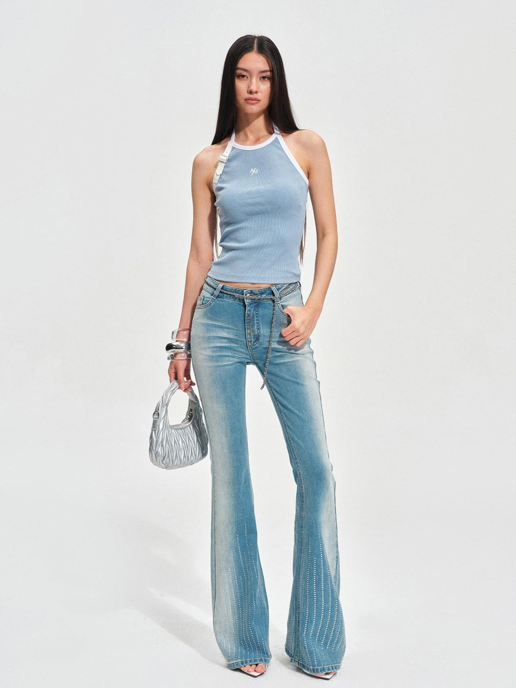 NAWSNOTAWEAR Vintage Natural Waist Cotton High Stretch Micro Flare Mist Blue Flared Jeans