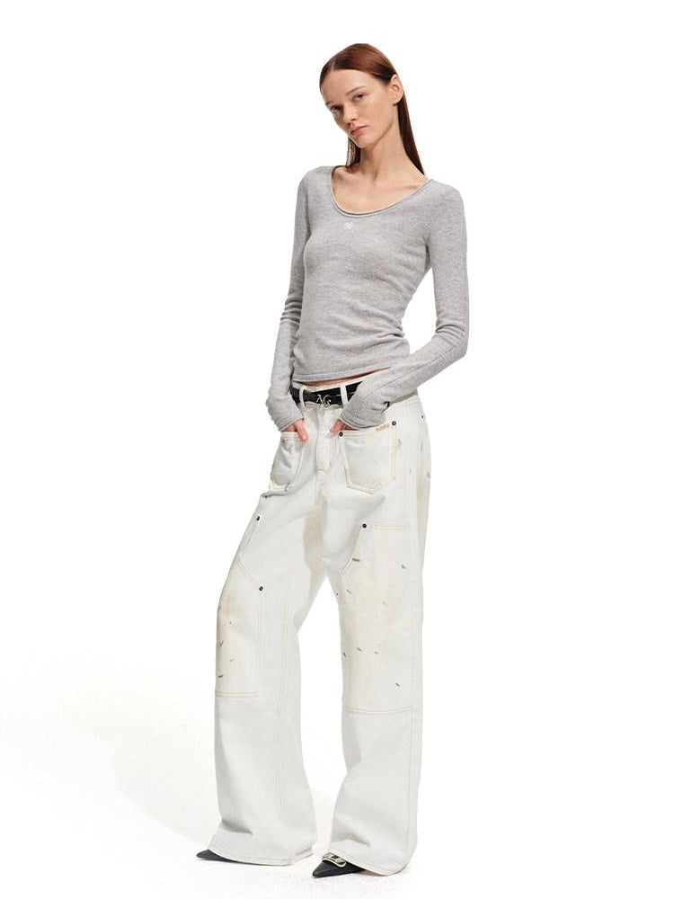 NAWSNOTAWEAR Vintage Washed Low Rise Pocket Cotton No Stretch Women Casual Wide Leg Jeans