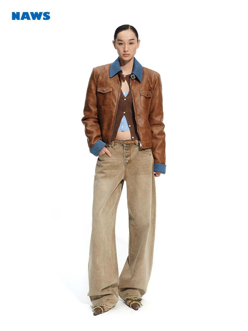 NAWSNOTAWEAR Vintage Washed Natural Waist Cotton Loose Fit Ladies Latte Coffee Wide Leg Jeans