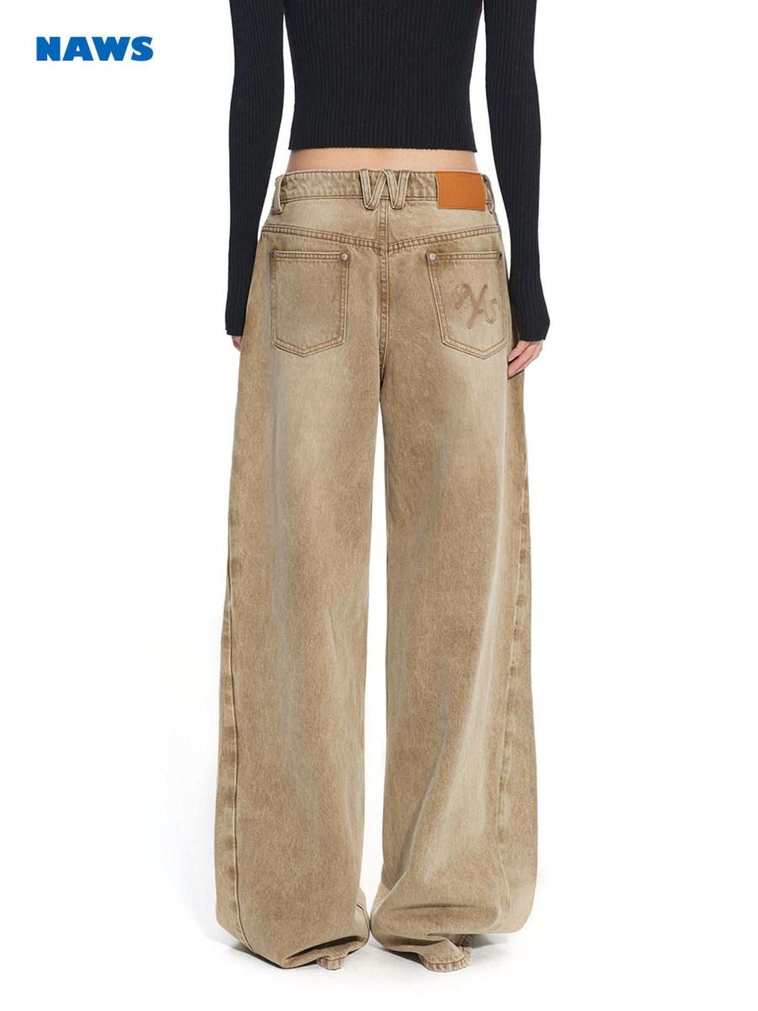 NAWSNOTAWEAR Vintage Washed Natural Waist Cotton Loose Fit Ladies Latte Coffee Wide Leg Jeans