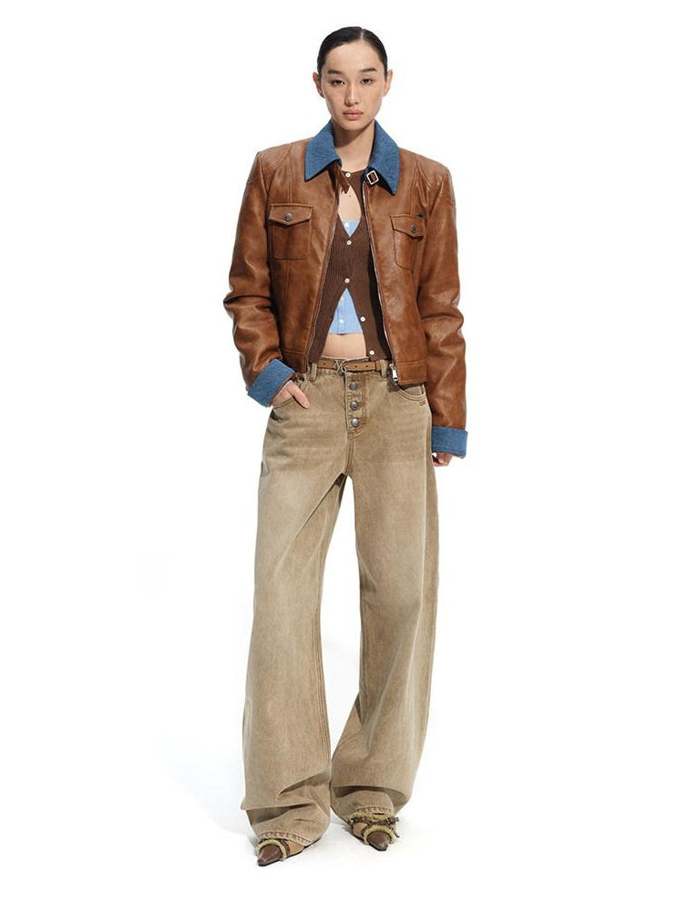 NAWSNOTAWEAR Vintage Washed Natural Waist Cotton Loose Fit Ladies Latte Coffee Wide Leg Jeans
