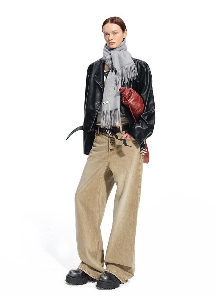 NAWSNOTAWEAR Vintage Washed Natural Waist Cotton Loose Fit Ladies Latte Coffee Wide Leg Jeans