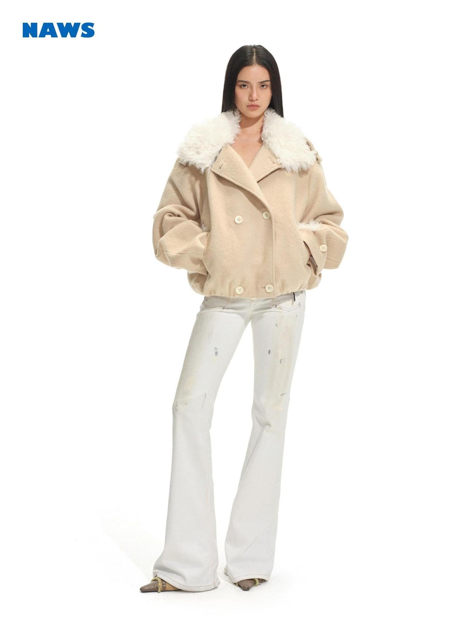 NAWSNOTAWEAR Warm Camel Double Breasted Vintage Thick Notched Lapel Women Wool Coats