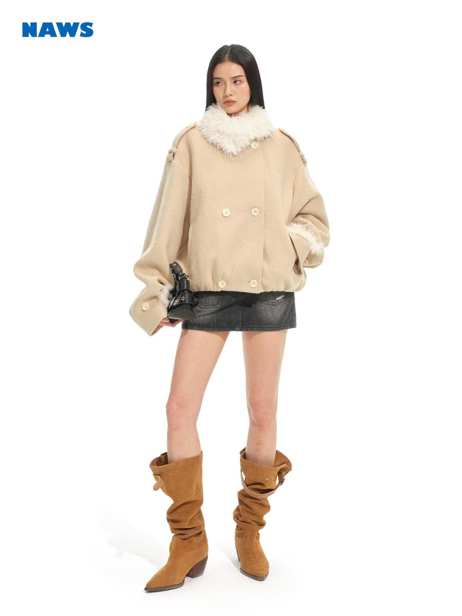 NAWSNOTAWEAR Warm Camel Double Breasted Vintage Thick Notched Lapel Women Wool Coats