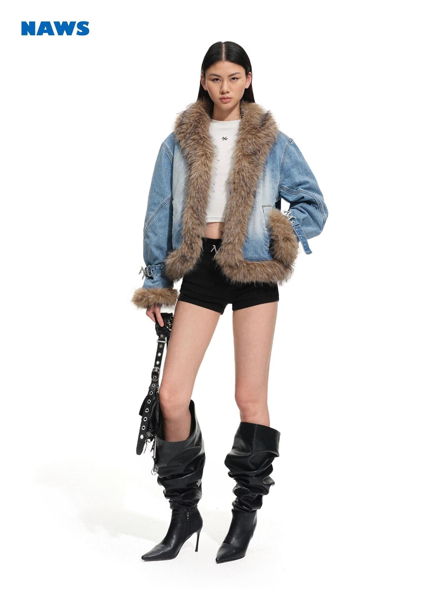 NAWSNOTAWEAR Warm Fur Trim Vintage Loose Lapel Long Sleeve Women Ink Blue Puffer Jackets