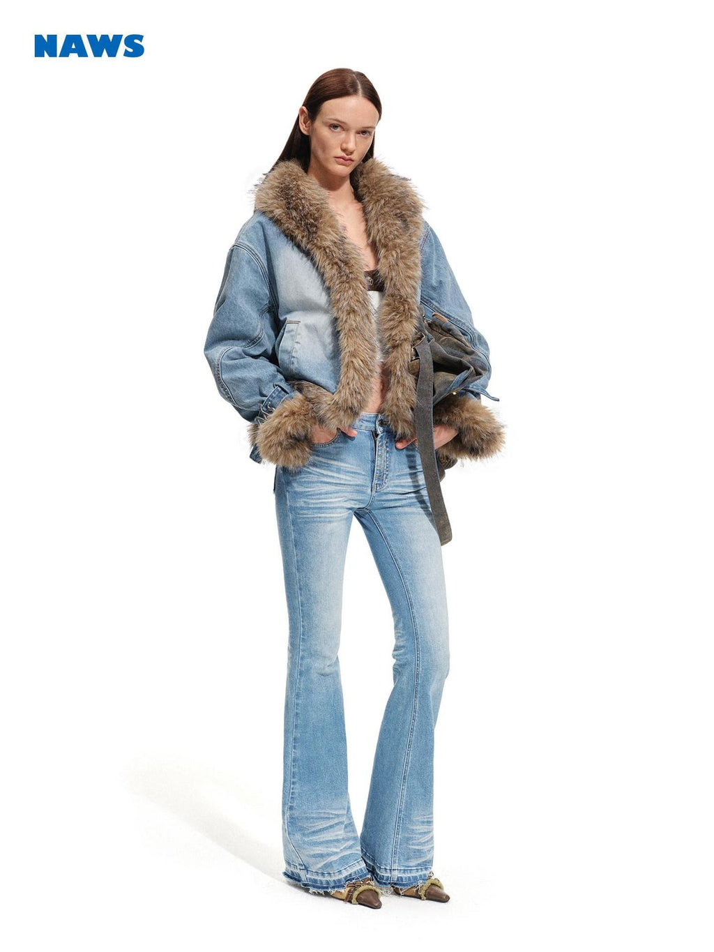 NAWSNOTAWEAR Warm Fur Trim Vintage Loose Lapel Long Sleeve Women Ink Blue Puffer Jackets