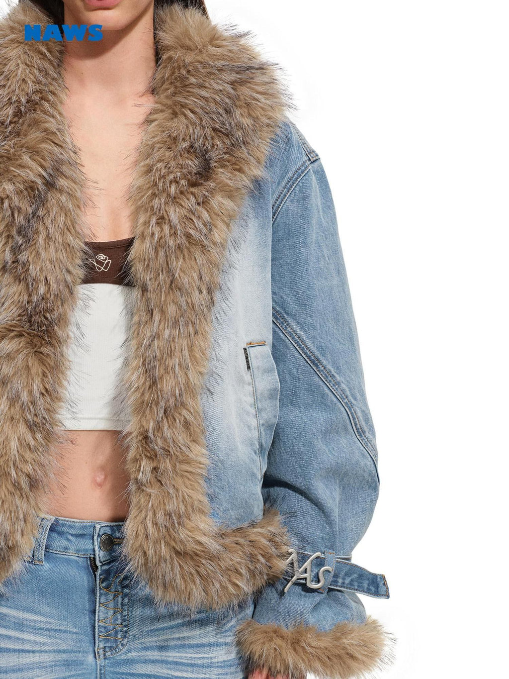 NAWSNOTAWEAR Warm Fur Trim Vintage Loose Lapel Long Sleeve Women Ink Blue Puffer Jackets