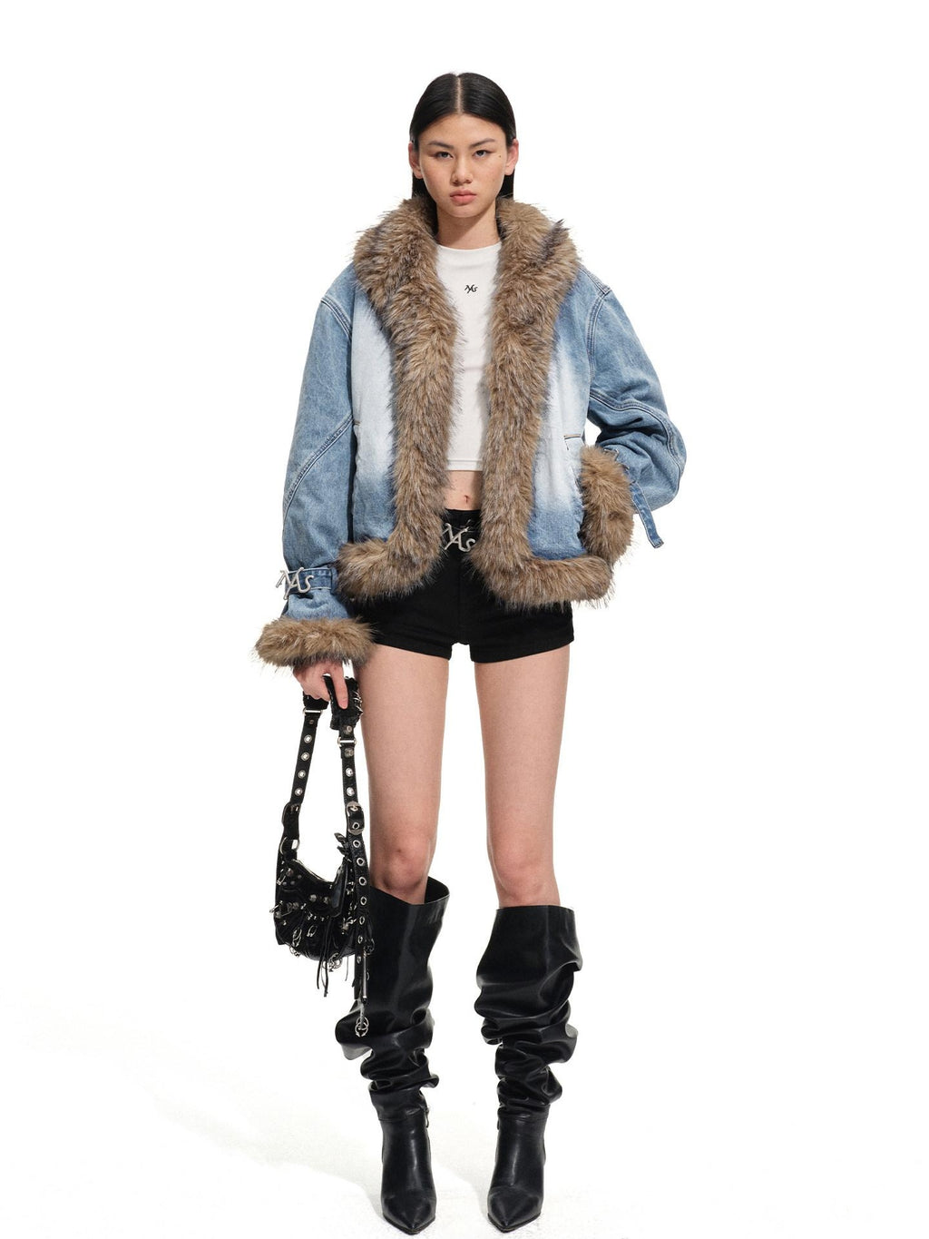 NAWSNOTAWEAR Warm Fur Trim Vintage Loose Lapel Long Sleeve Women Ink Blue Puffer Jackets