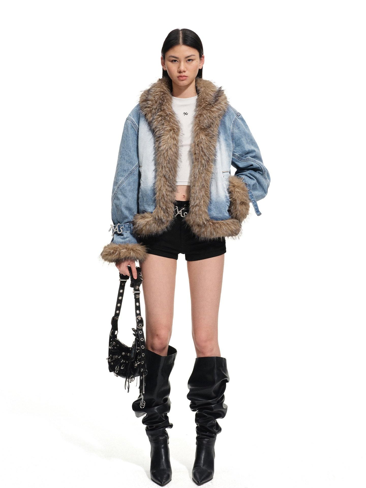 NAWSNOTAWEAR Warm Fur Trim Vintage Loose Lapel Long Sleeve Women Ink Blue Puffer Jackets