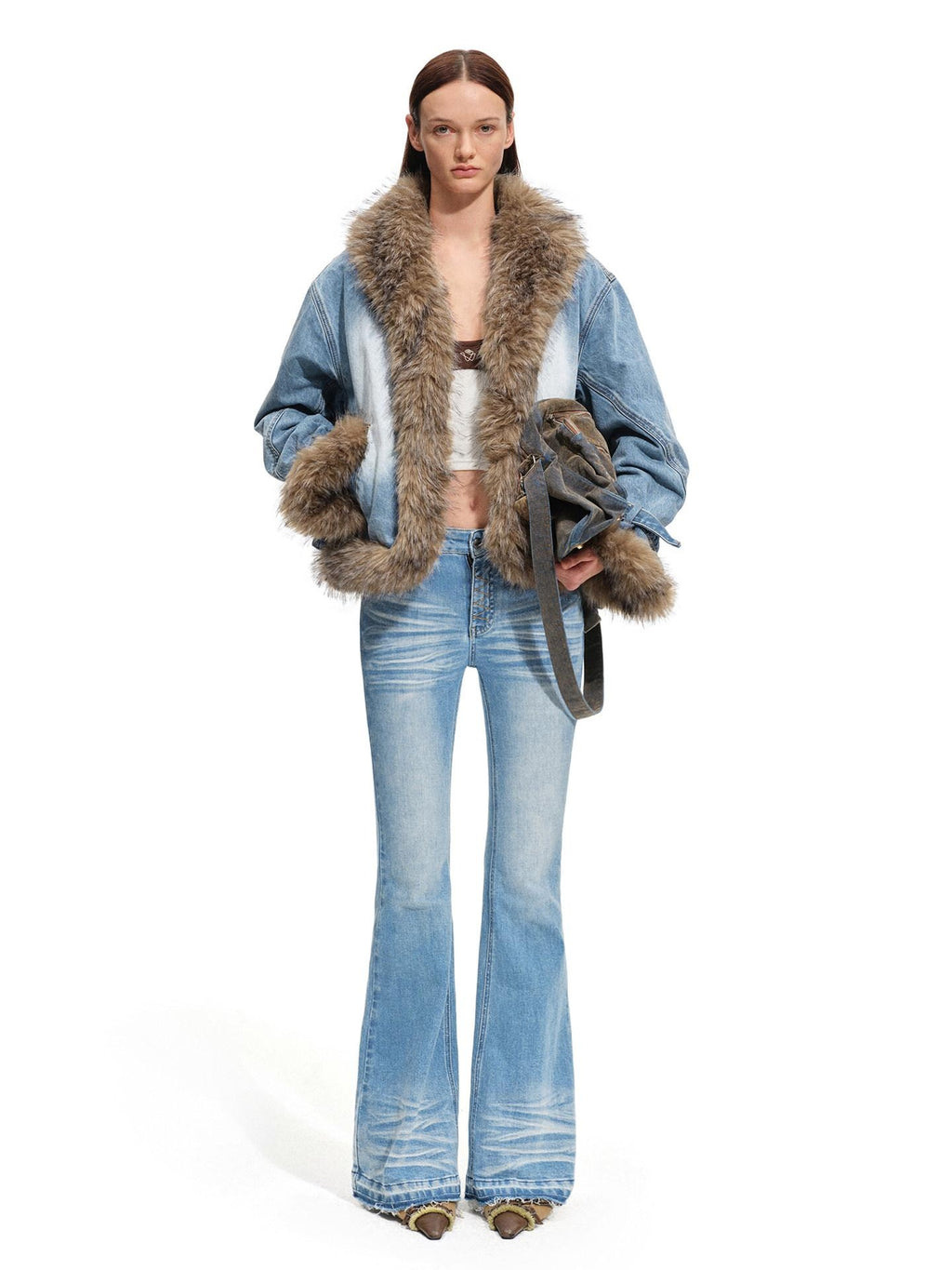 NAWSNOTAWEAR Warm Fur Trim Vintage Loose Lapel Long Sleeve Women Ink Blue Puffer Jackets