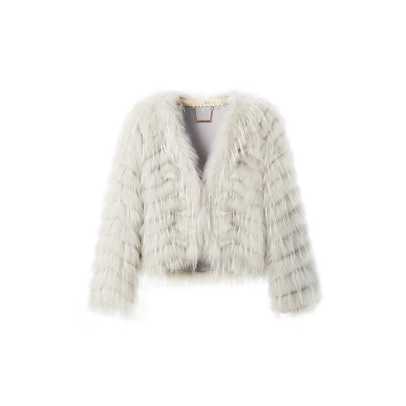NAWSNOTAWEAR_Warm_Raccoon_Fur_Woven_Wave_Patchwork_Casual_Loose_Women_Star_Gray_Short_Coat_MISSTT