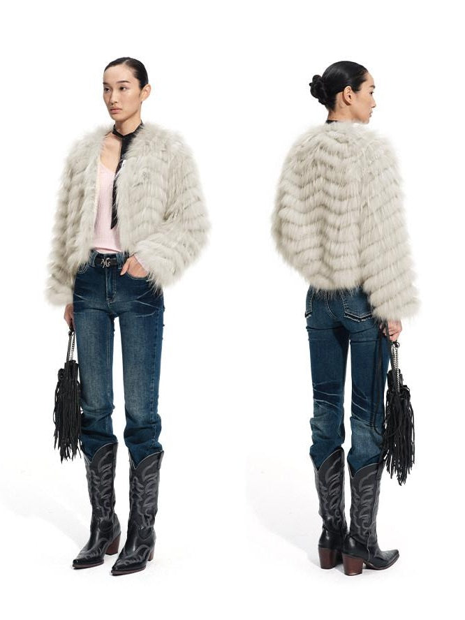 NAWSNOTAWEAR Warm Raccoon Fur Woven Wave Patchwork Casual Loose Women Star Gray Short Coat