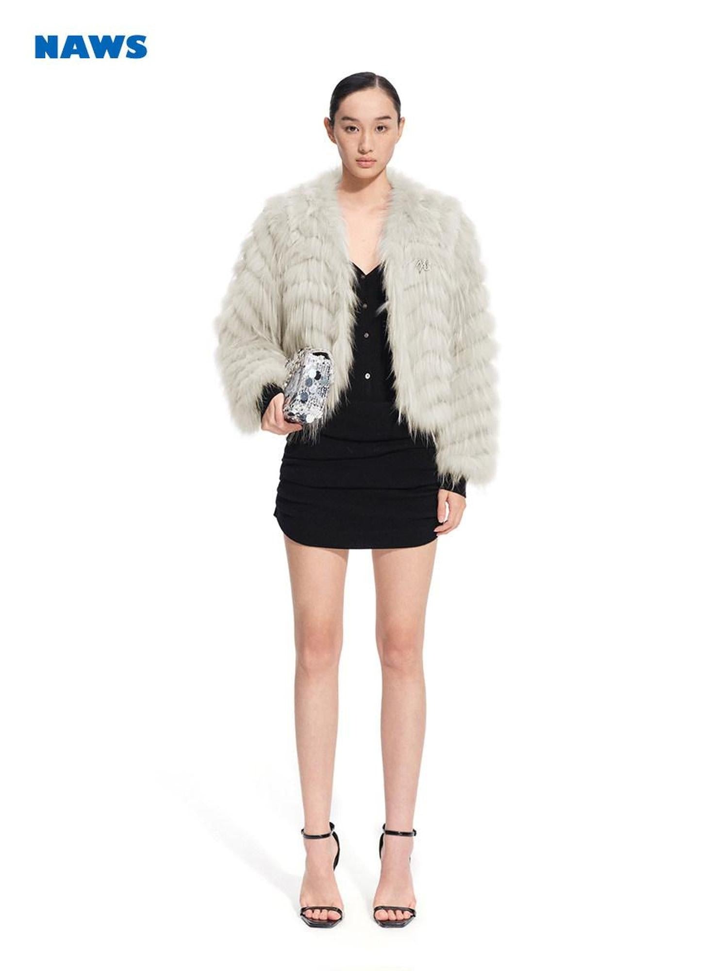 NAWSNOTAWEAR Warm Raccoon Fur Woven Wave Patchwork Casual Loose Women Star Gray Short Coat