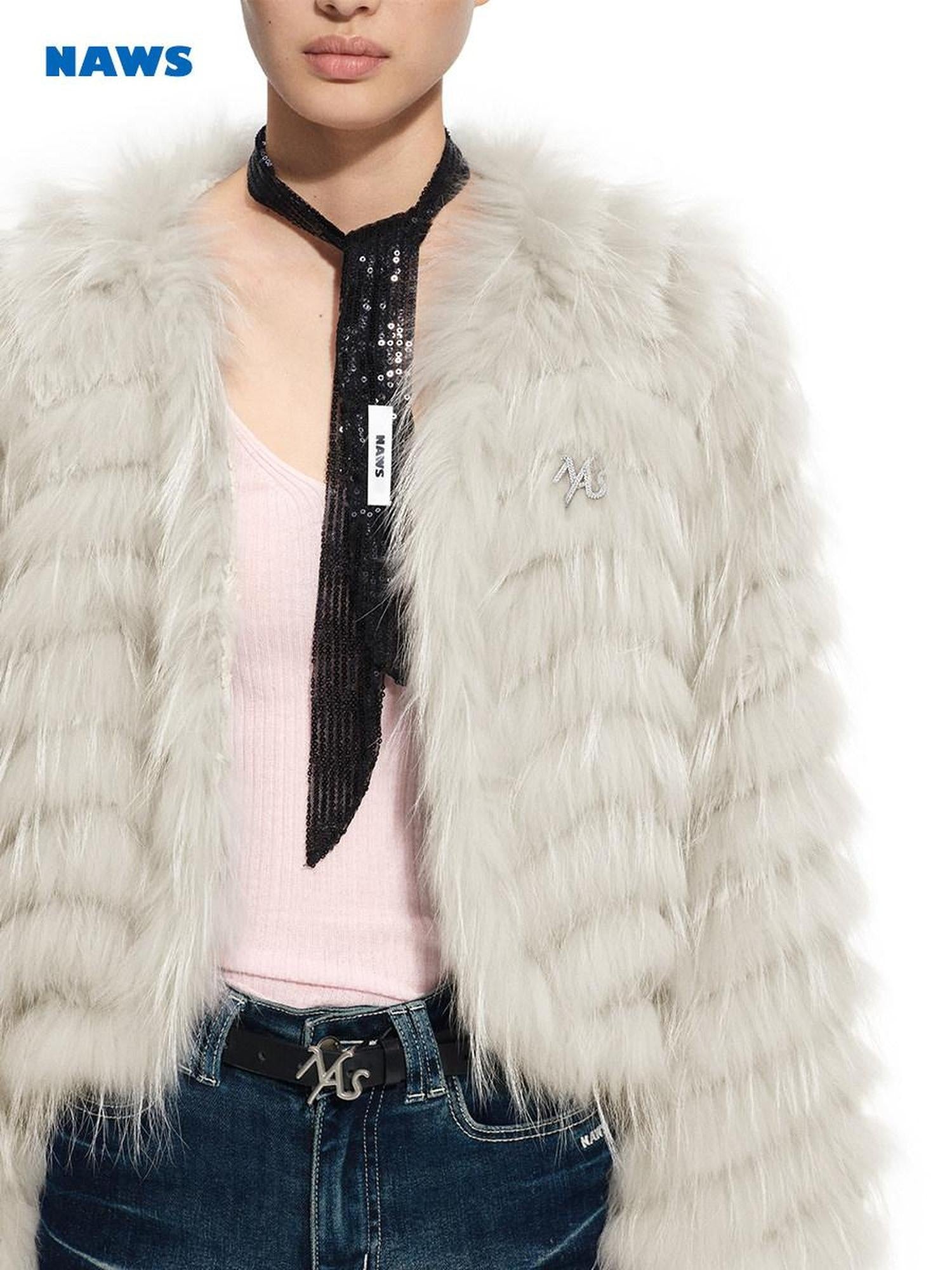 NAWSNOTAWEAR Warm Raccoon Fur Woven Wave Patchwork Casual Loose Women Star Gray Short Coat