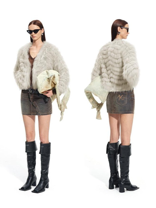 NAWSNOTAWEAR Warm Raccoon Fur Woven Wave Patchwork Casual Loose Women Star Gray Short Coat