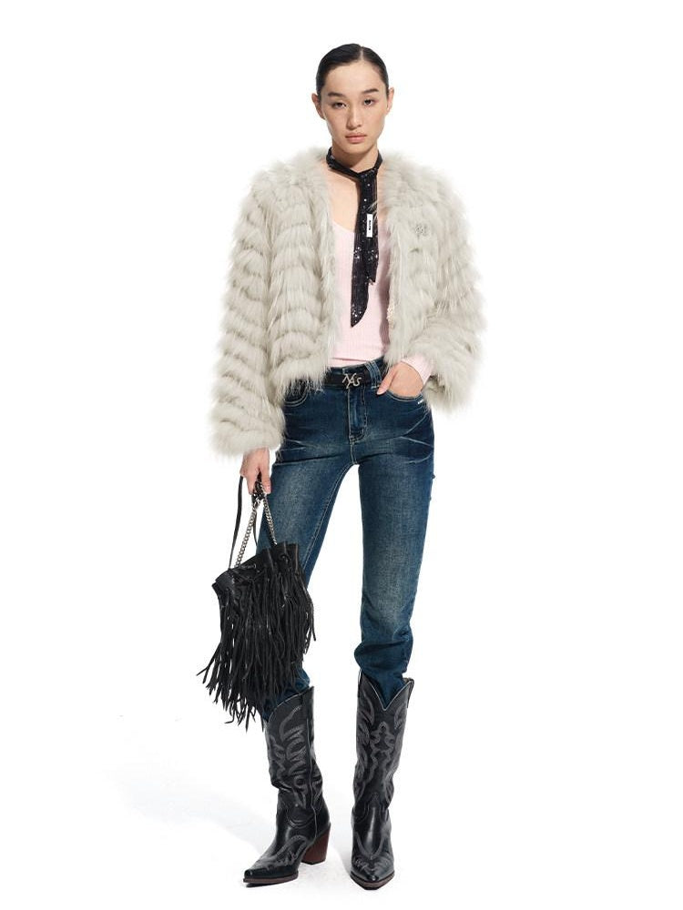 NAWSNOTAWEAR Warm Raccoon Fur Woven Wave Patchwork Casual Loose Women Star Gray Short Coat