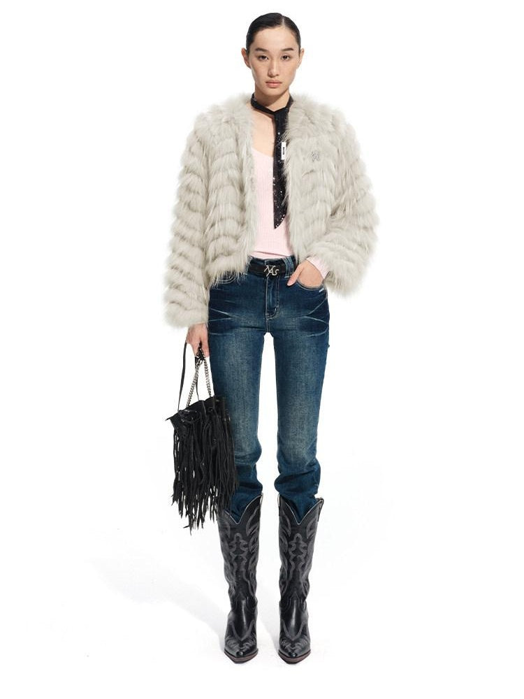 NAWSNOTAWEAR Warm Raccoon Fur Woven Wave Patchwork Casual Loose Women Star Gray Short Coat