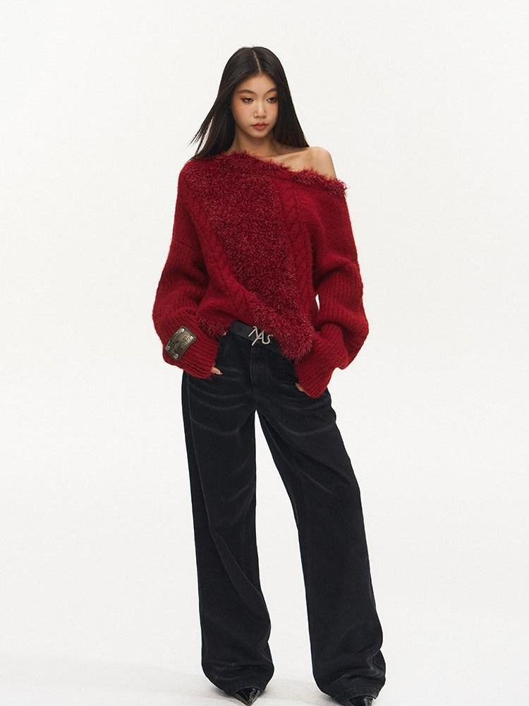 NAWSNOTAWEAR Warm Thermal Thick Patchwork Loose Fit Crew Neck Raglan Commuter Knit Sweaters