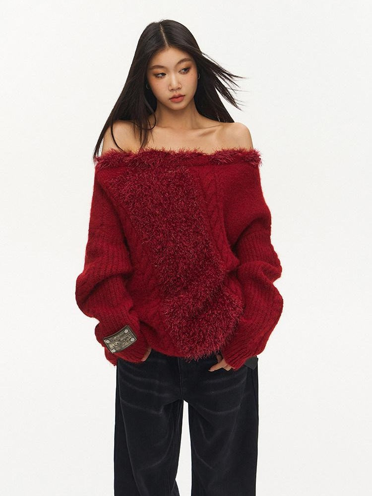 NAWSNOTAWEAR Warm Thermal Thick Patchwork Loose Fit Crew Neck Raglan Commuter Knit Sweaters