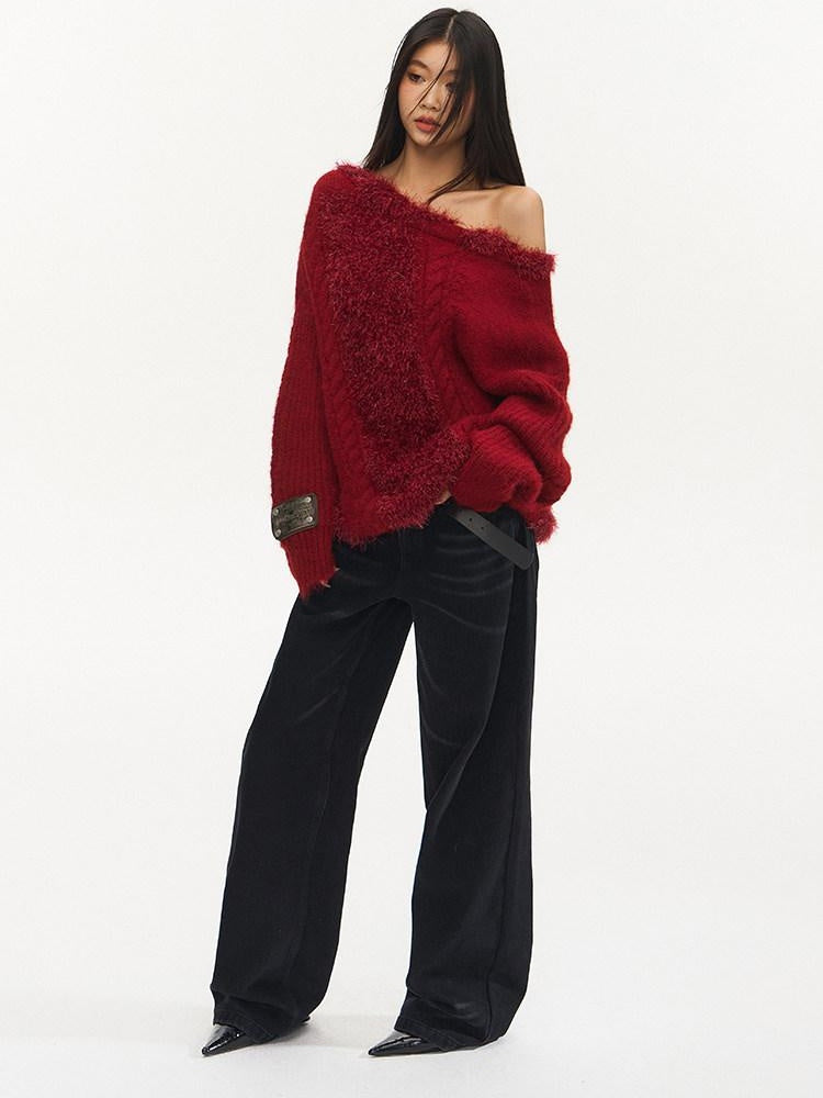 NAWSNOTAWEAR Warm Thermal Thick Patchwork Loose Fit Crew Neck Raglan Commuter Knit Sweaters