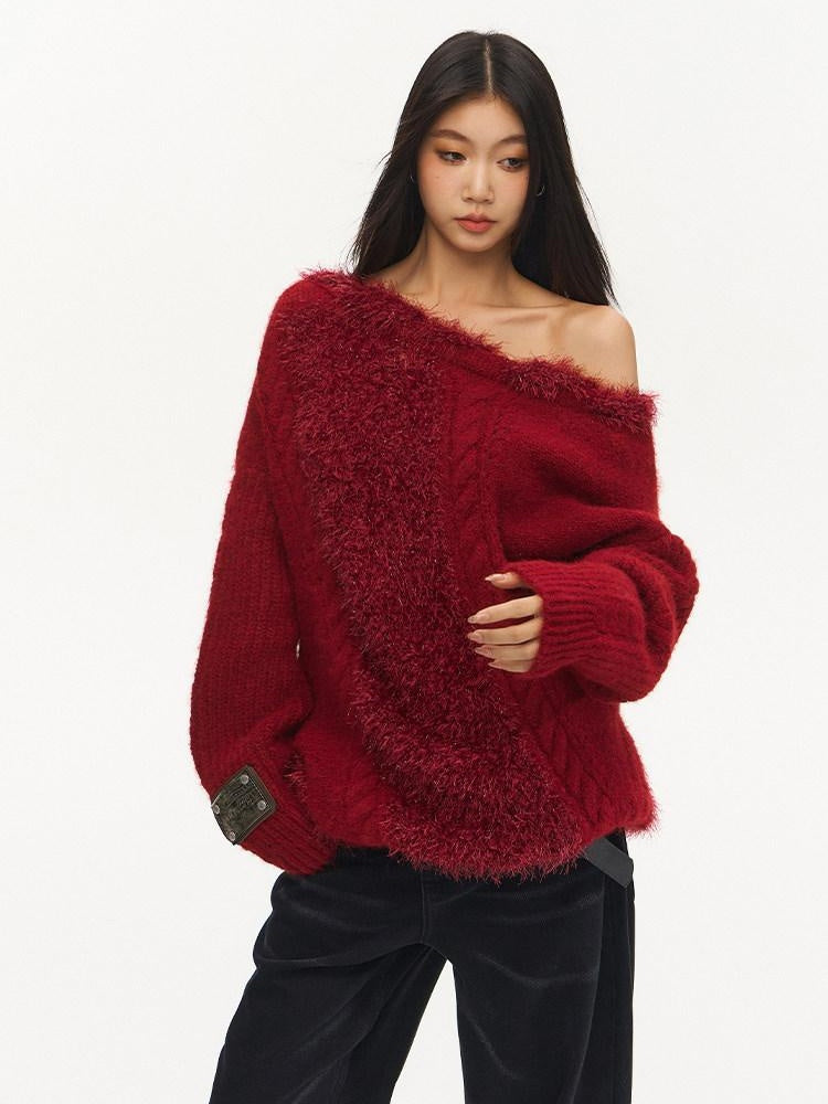 NAWSNOTAWEAR Warm Thermal Thick Patchwork Loose Fit Crew Neck Raglan Commuter Knit Sweaters