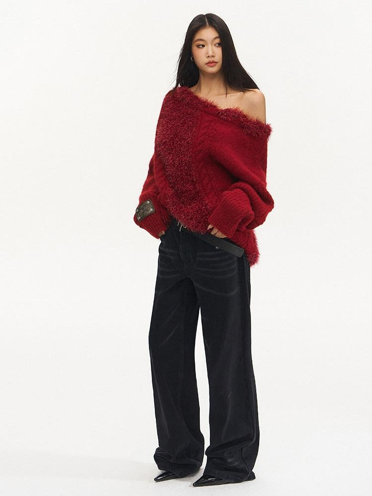 NAWSNOTAWEAR Warm Thermal Thick Patchwork Loose Fit Crew Neck Raglan Commuter Knit Sweaters