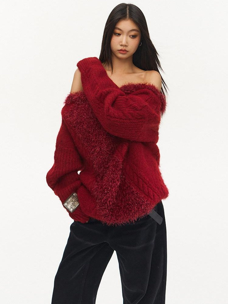 NAWSNOTAWEAR Warm Thermal Thick Patchwork Loose Fit Crew Neck Raglan Commuter Knit Sweaters