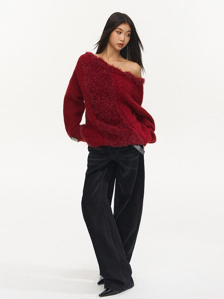 NAWSNOTAWEAR Warm Thermal Thick Patchwork Loose Fit Crew Neck Raglan Commuter Knit Sweaters