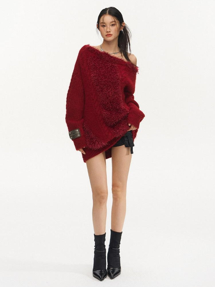 NAWSNOTAWEAR Warm Thermal Thick Patchwork Loose Fit Crew Neck Raglan Commuter Knit Sweaters