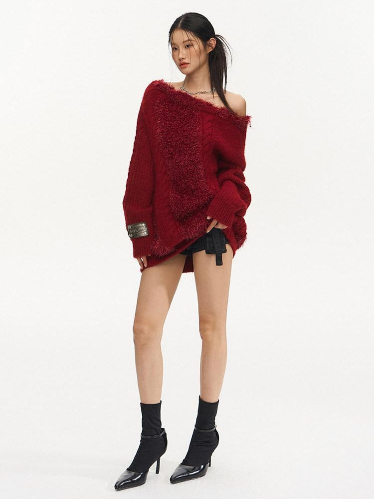 NAWSNOTAWEAR Warm Thermal Thick Patchwork Loose Fit Crew Neck Raglan Commuter Knit Sweaters